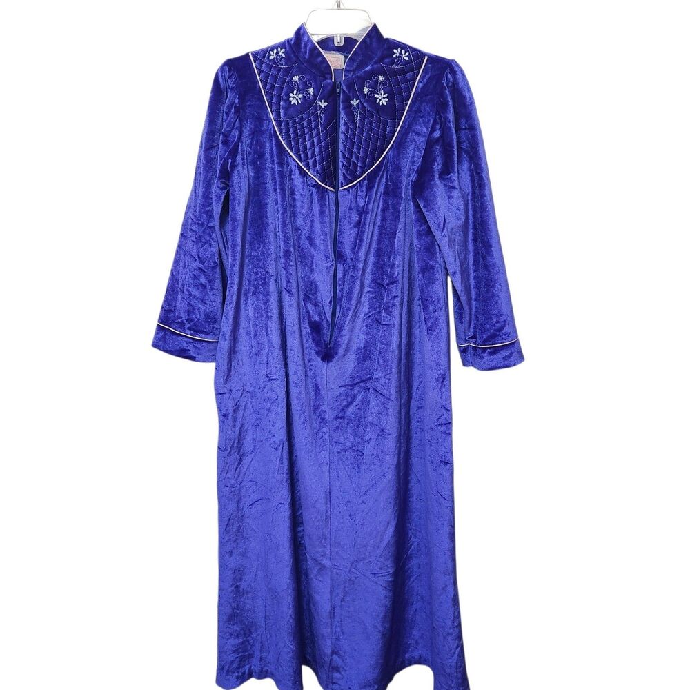 HEATHER COLLECTION Blue Zip Front Housecoat Robe Made in USA SMALL Lounge VTG